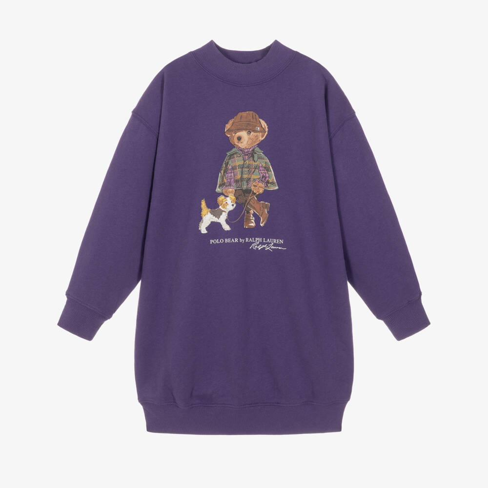 Ralph Lauren-Girls Purple Sweatshirt Dress with Polo Bear | Childrensalon