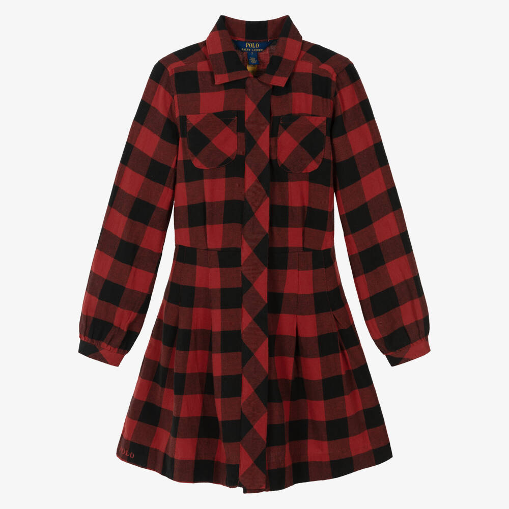 Ralph Lauren-Girls Red & Black Check Cotton Twill Dress with Pleats | Childrensalon