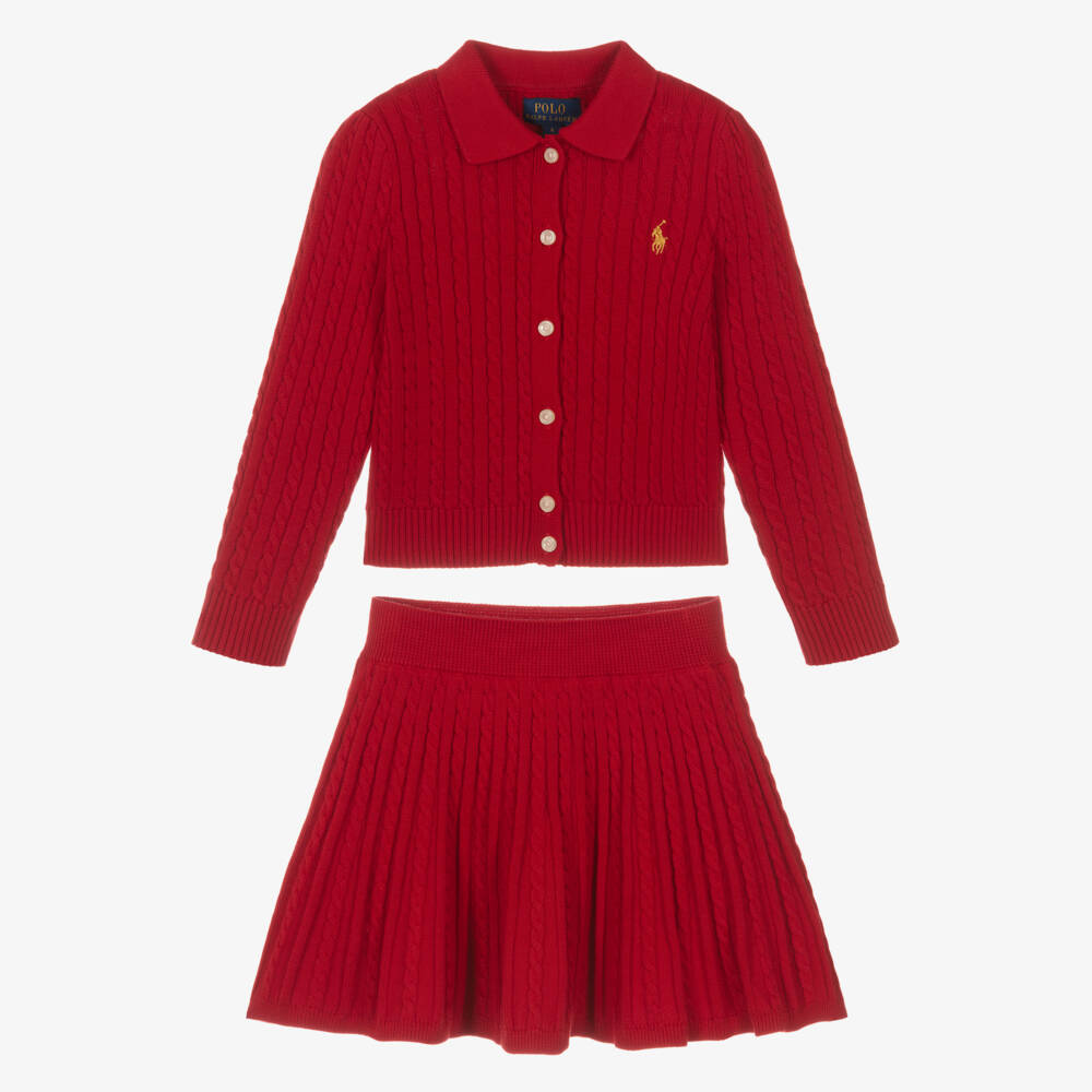 Ralph Lauren-Girls Red Cable Knit Cardigan & Skirt Set | Childrensalon