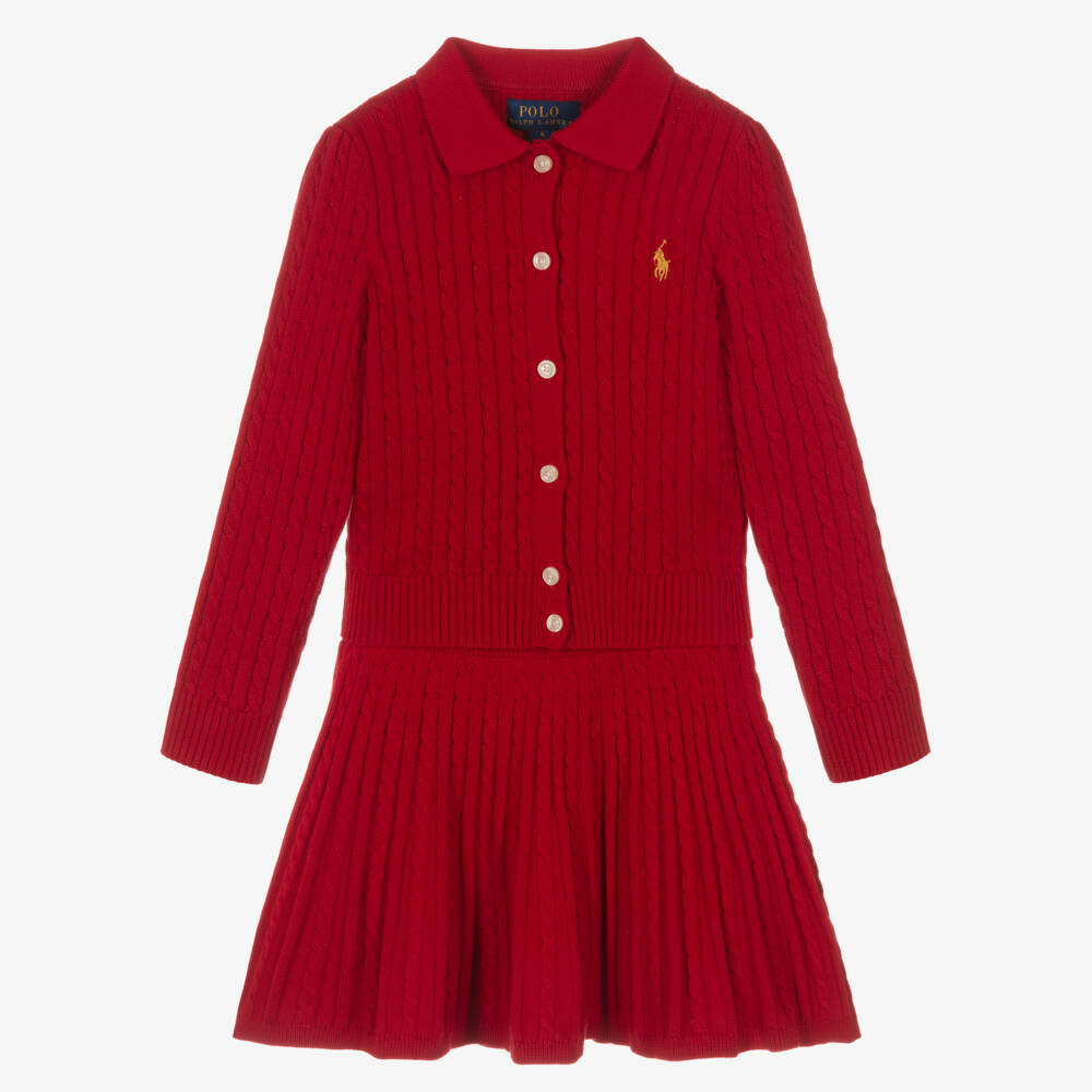 Ralph Lauren-Girls Red Cable Knit Cardigan & Skirt Set | Childrensalon