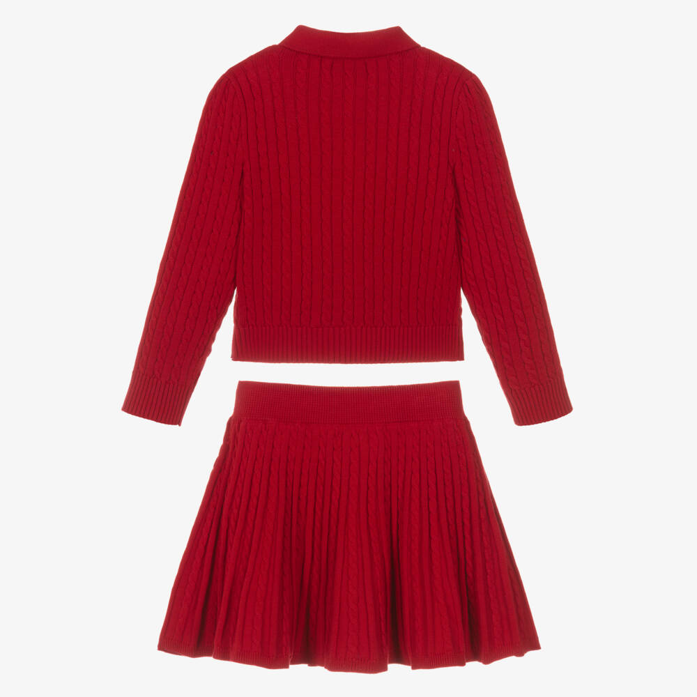 Ralph Lauren-Girls Red Cable Knit Cardigan & Skirt Set | Childrensalon