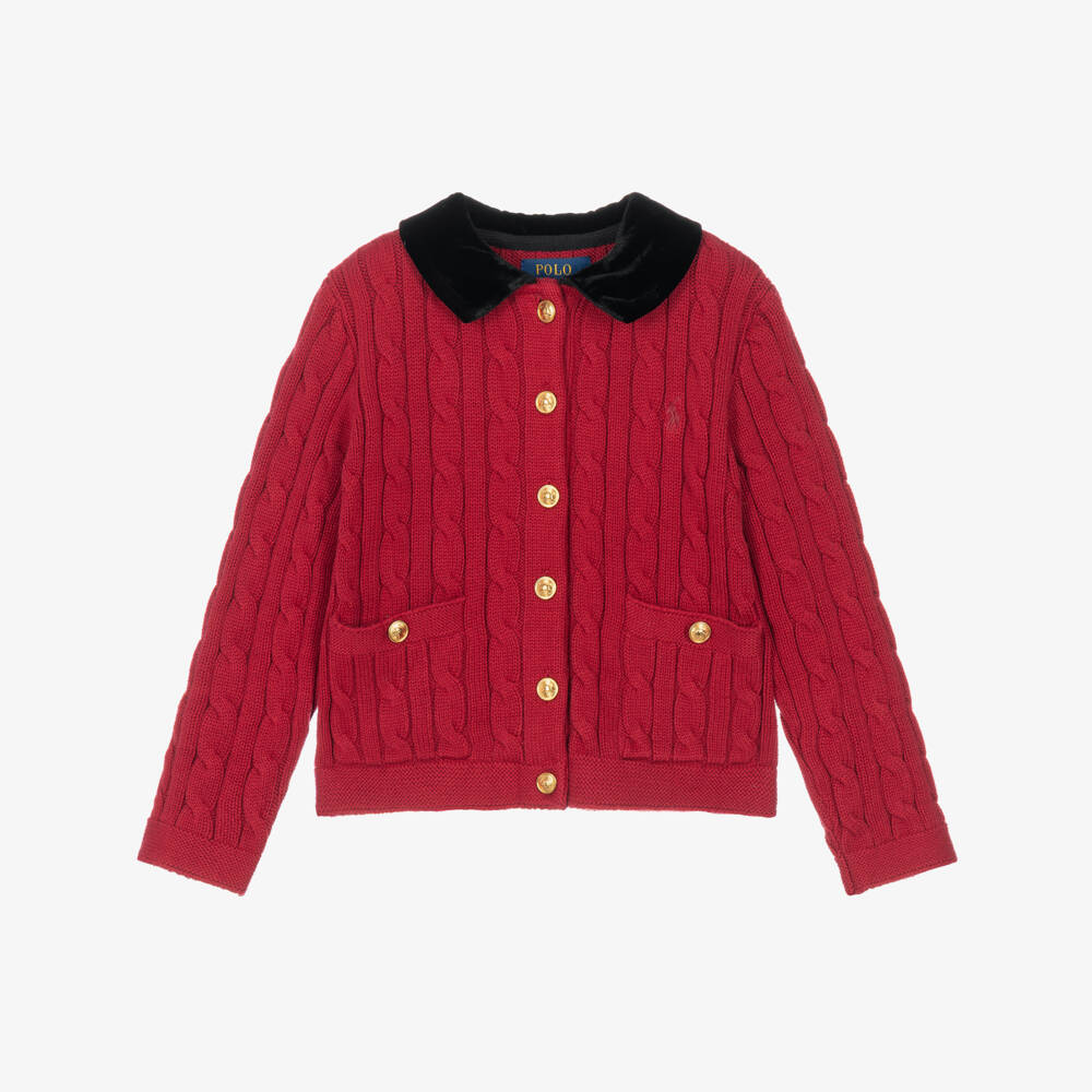 Ralph Lauren-Girls Red Cable Knit Cardigan with Velvet Collar | Childrensalon