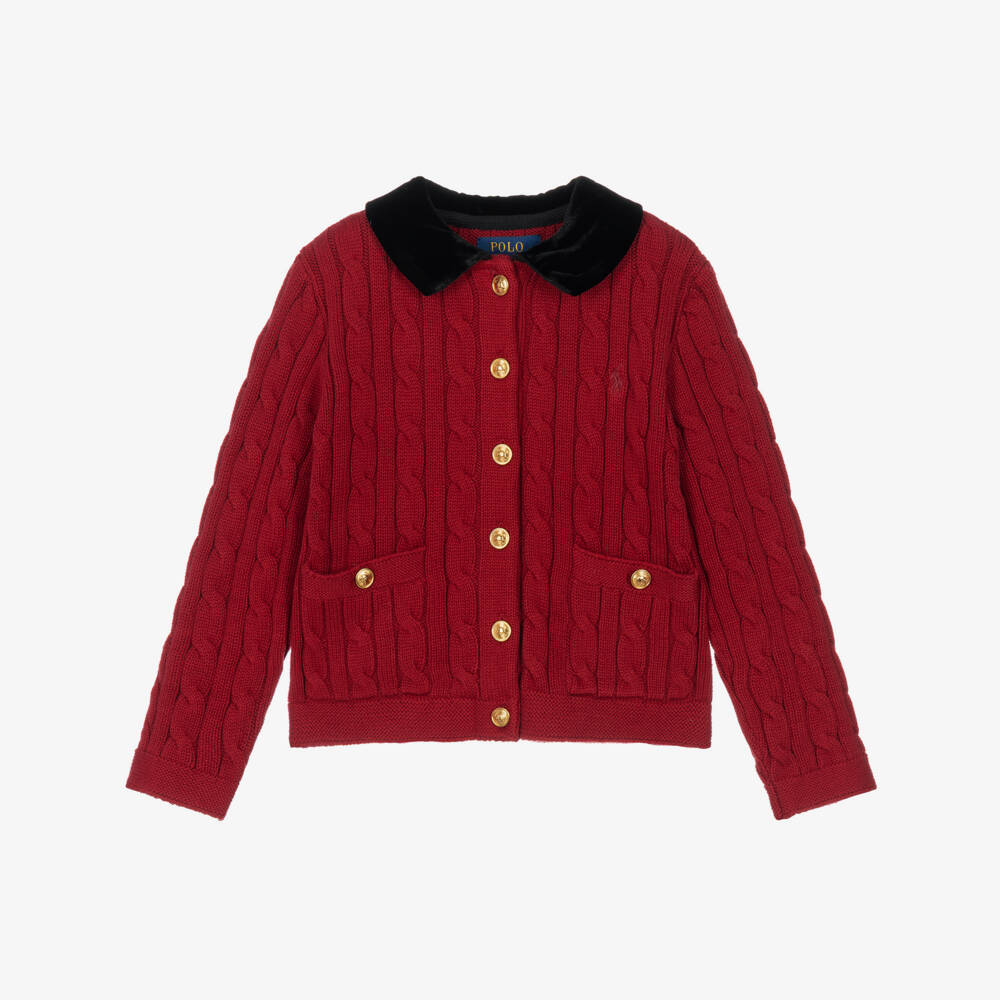 Ralph Lauren-كارديغان بياقة مخمل محبوك كابل لون أحمر للبنات | Childrensalon