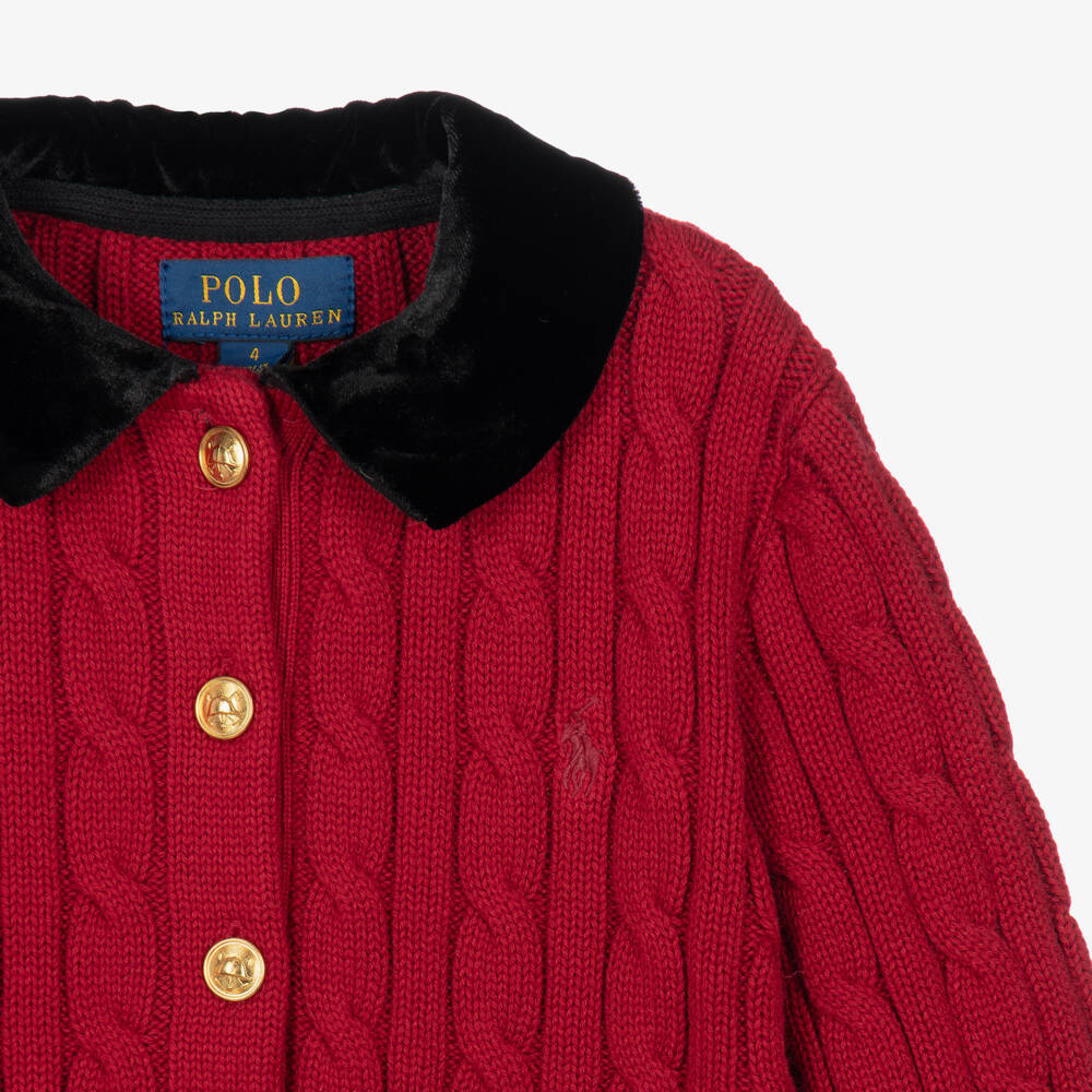 Ralph Lauren-Girls Red Cable Knit Cardigan with Velvet Collar | Childrensalon