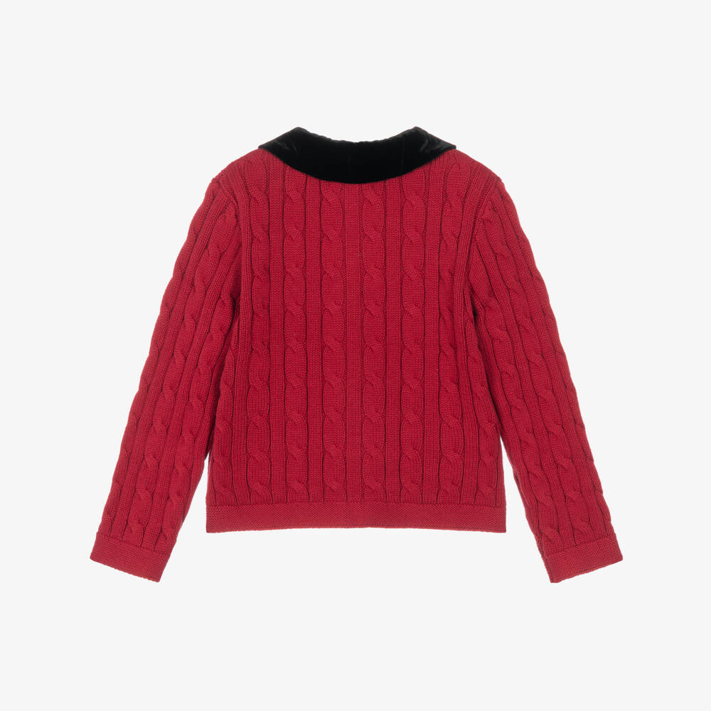 Ralph Lauren-Girls Red Cable Knit Cardigan with Velvet Collar | Childrensalon