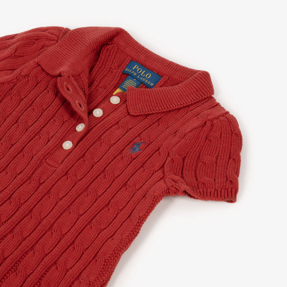 Ralph Lauren-Girls Red Cable Knit Polo Dress | Childrensalon