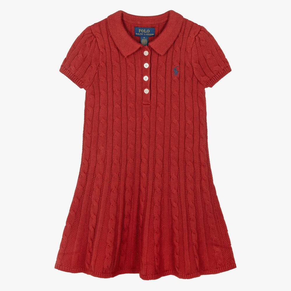 Ralph Lauren-Girls Red Cable Knit Polo Dress | Childrensalon