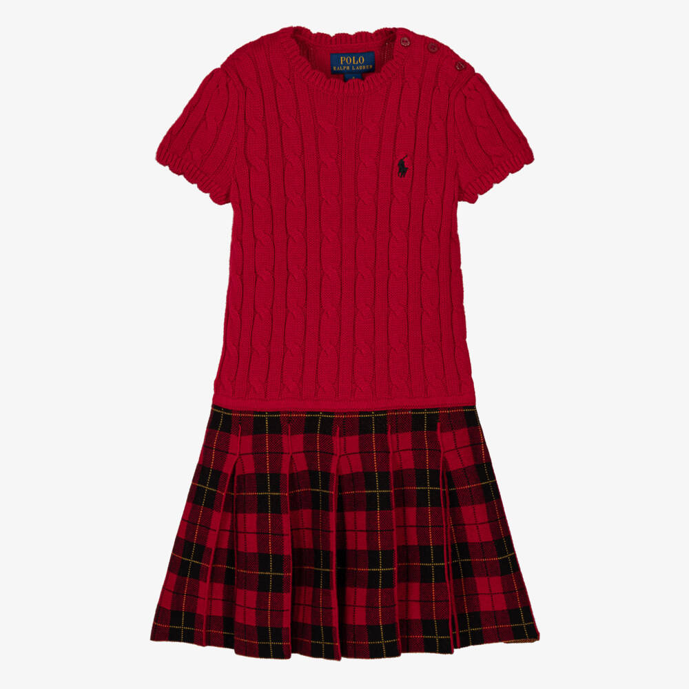 Ralph Lauren-Girls Red Cable-Knit & Tartan Dress | Childrensalon