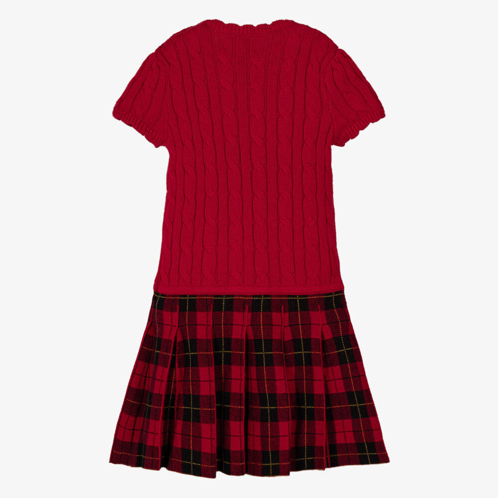 Ralph Lauren-Girls Red Cable-Knit & Tartan Dress | Childrensalon