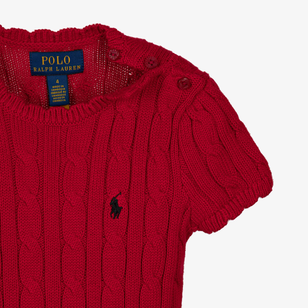 Ralph Lauren-Girls Red Cable-Knit & Tartan Dress | Childrensalon