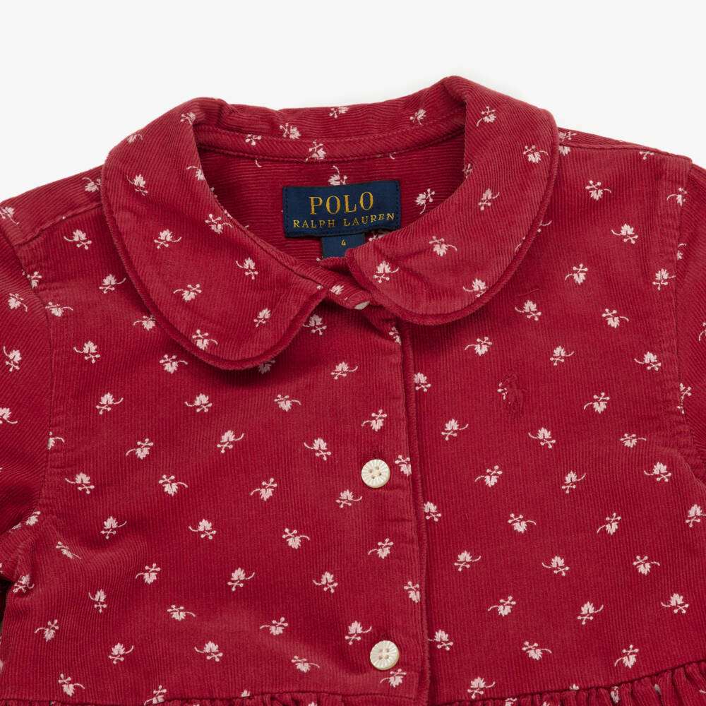 Ralph Lauren-Girls Red Corduroy Dress with Leaf Print | Childrensalon