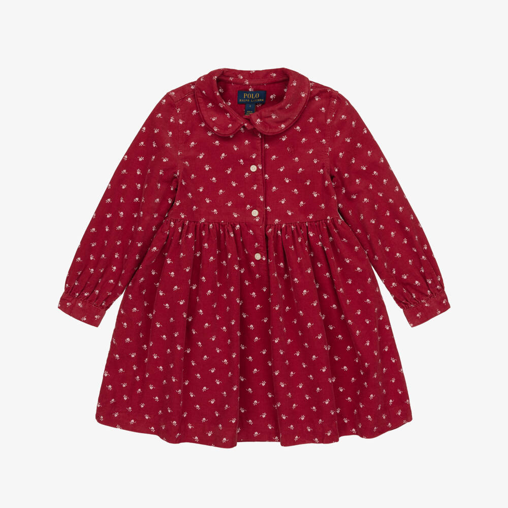 Ralph Lauren-Girls Red Corduroy Dress with Leaf Print | Childrensalon