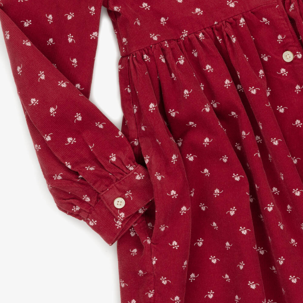 Ralph Lauren-Girls Red Corduroy Dress with Leaf Print | Childrensalon