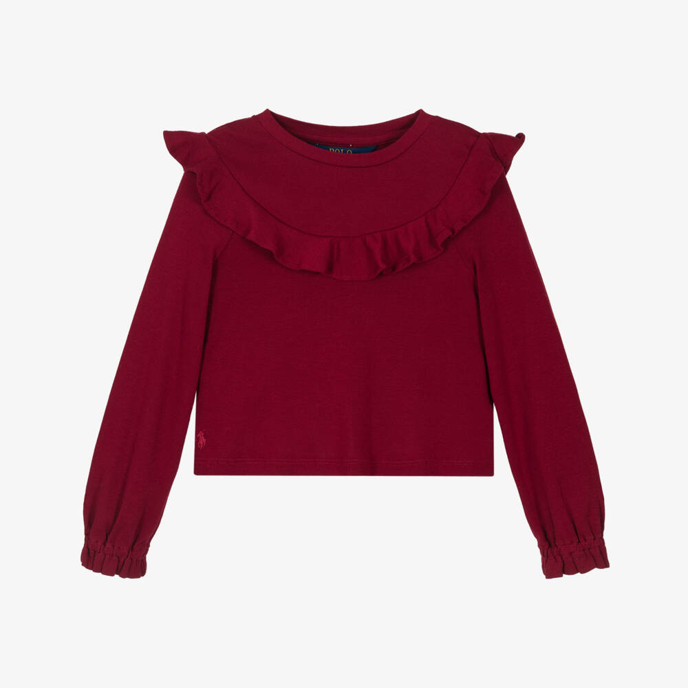 Ralph Lauren-Girls Red Cotton & Modal Jersey Frilled Top | Childrensalon