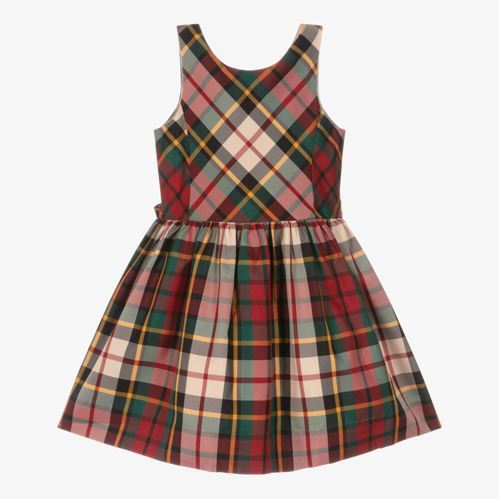 Ralph Lauren-Girls Red & Green Tartan Satin Dress | Childrensalon