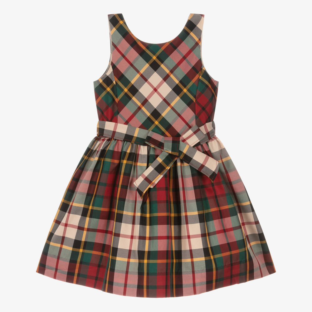 Ralph Lauren-Girls Red & Green Tartan Satin Dress | Childrensalon