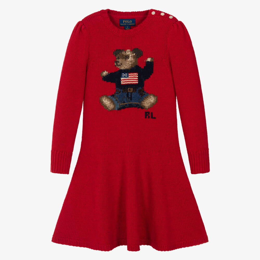Ralph Lauren-Girls Red Polo Bear Cotton Knit Jumper Dress | Childrensalon