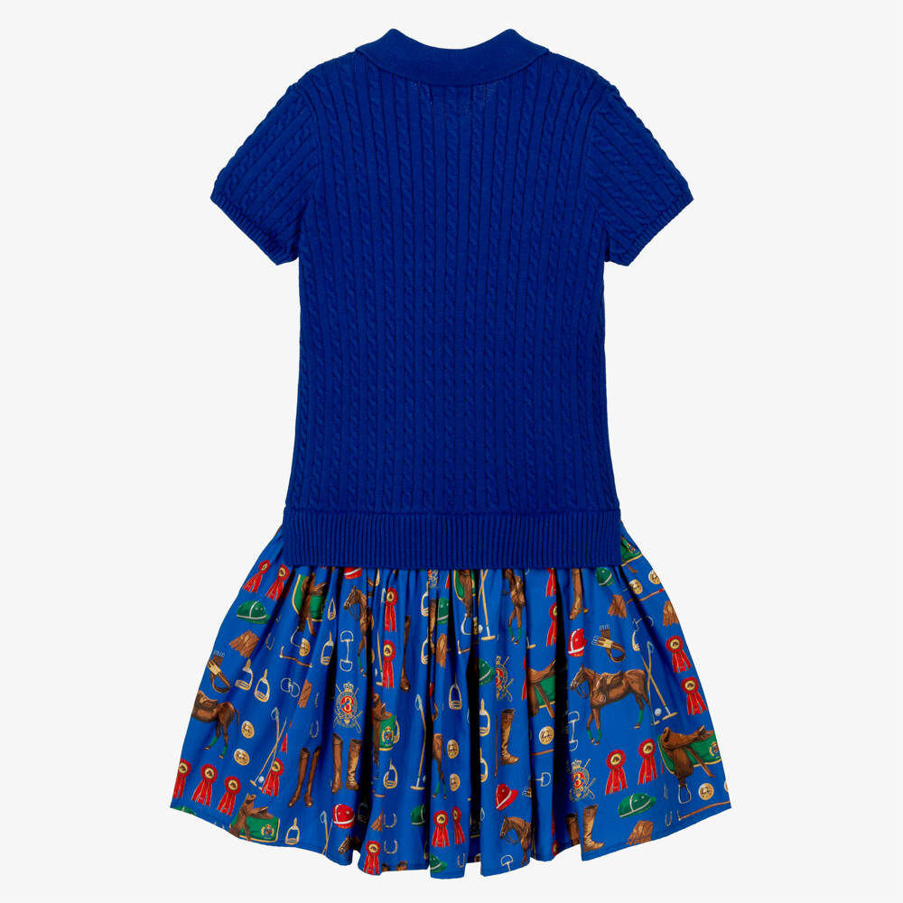 Ralph Lauren-Girls Royal Blue Polo Style Dress with Equestrian Print | Childrensalon