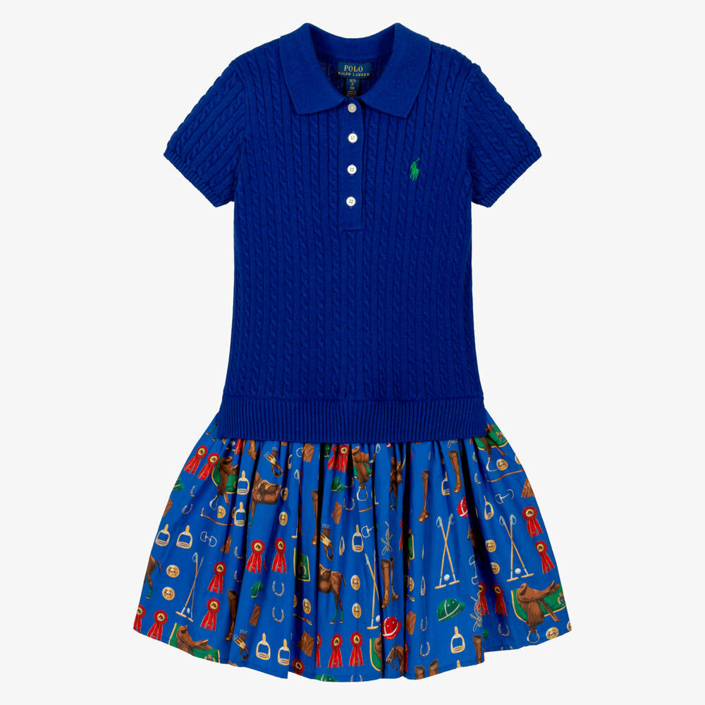 Ralph Lauren-Girls Royal Blue Polo Style Dress with Equestrian Print | Childrensalon