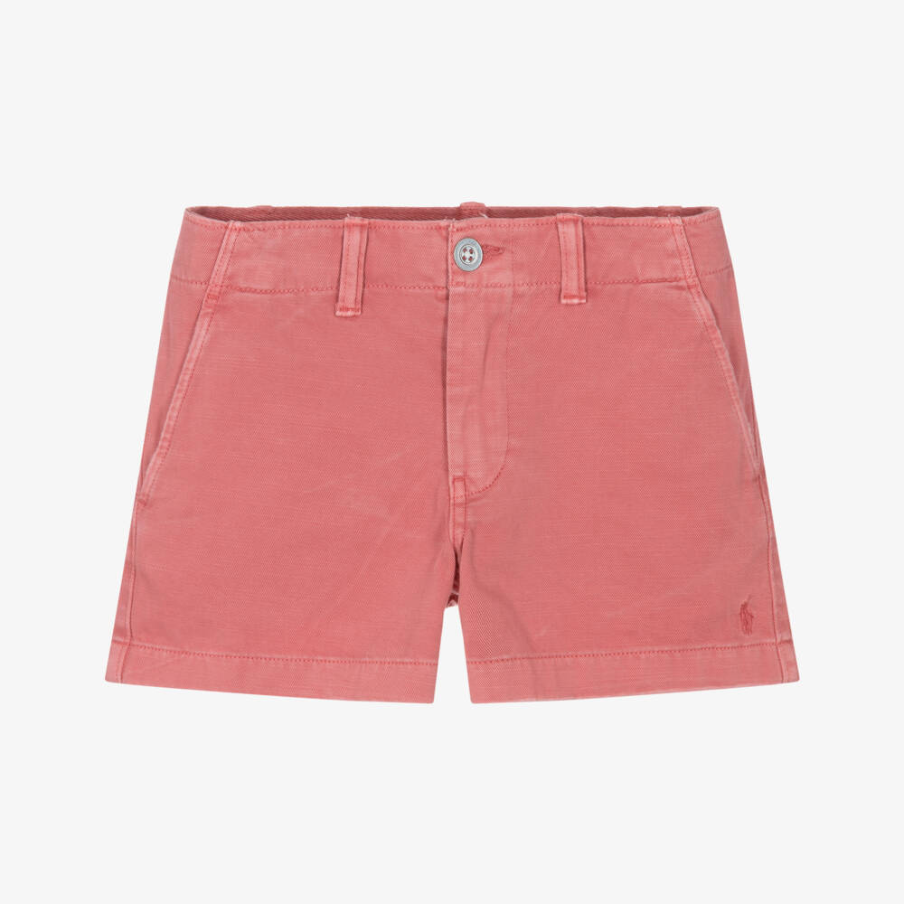 Ralph Lauren-Girls Salmon Pink Cotton Shorts with Pony Logo | Childrensalon