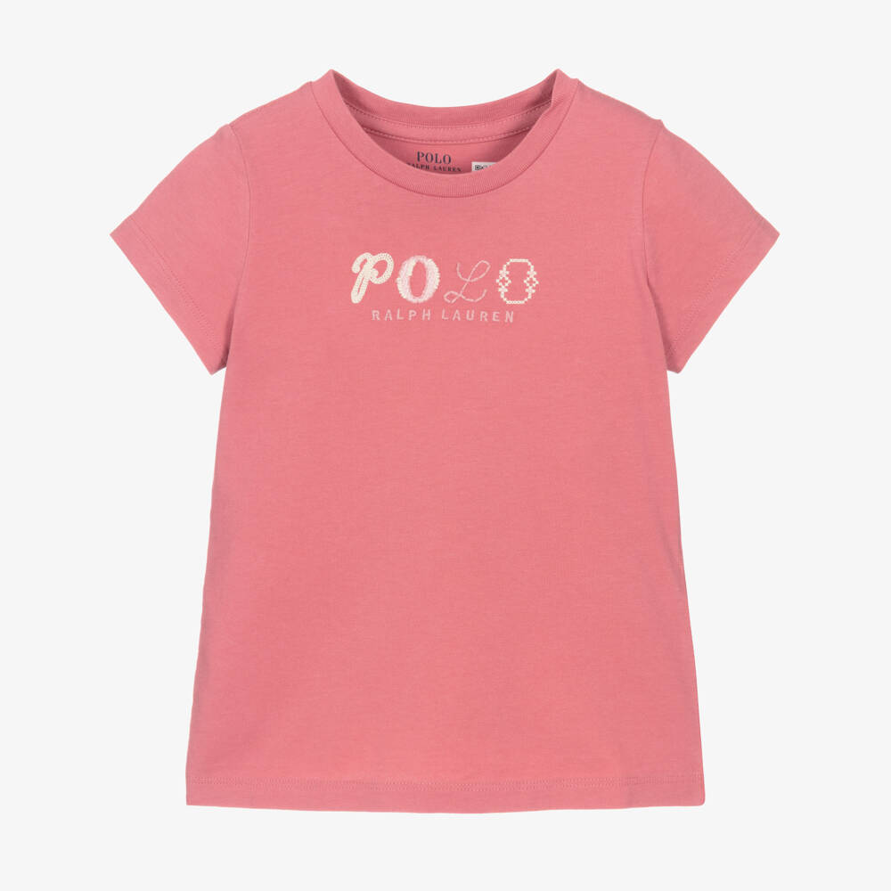 Ralph Lauren-Girls Salmon Pink Cotton T-Shirt with Embroidered Logo | Childrensalon