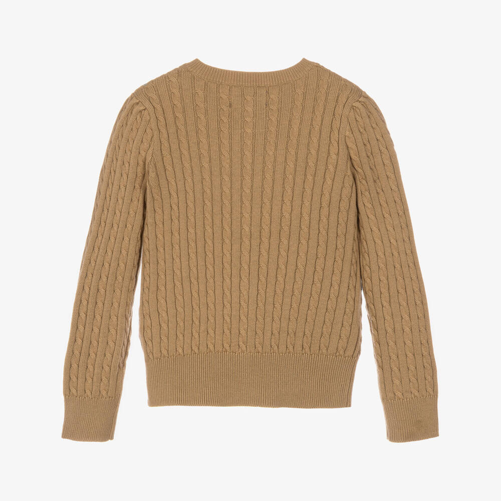 Ralph Lauren-Girls Sand Beige Cable Knit Cardigan with Polo Bear | Childrensalon