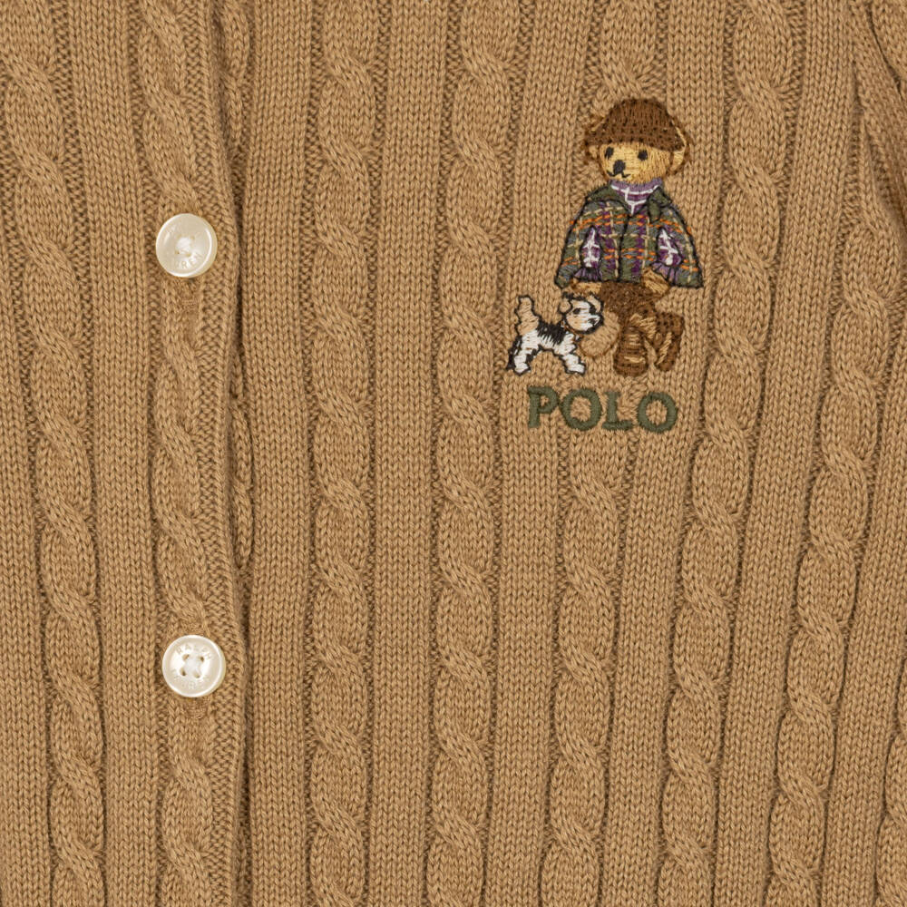 Ralph Lauren-Girls Sand Beige Cable Knit Cardigan with Polo Bear | Childrensalon