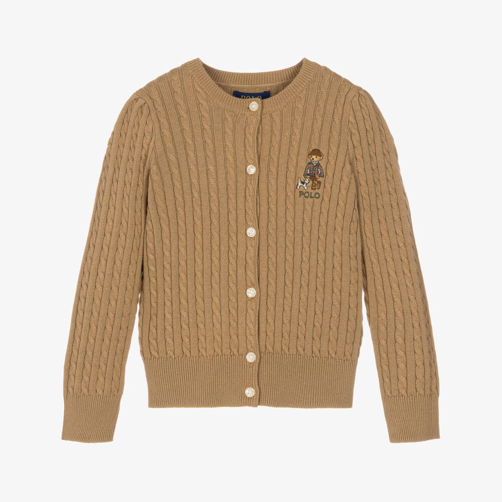 Ralph Lauren-Girls Sand Beige Cable Knit Cardigan with Polo Bear | Childrensalon