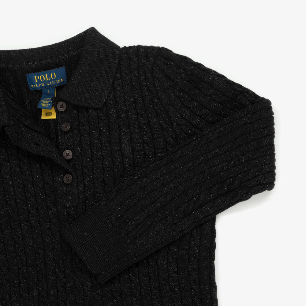 Ralph Lauren-Girls Shimmery Black Cable Knit Cotton Dress | Childrensalon