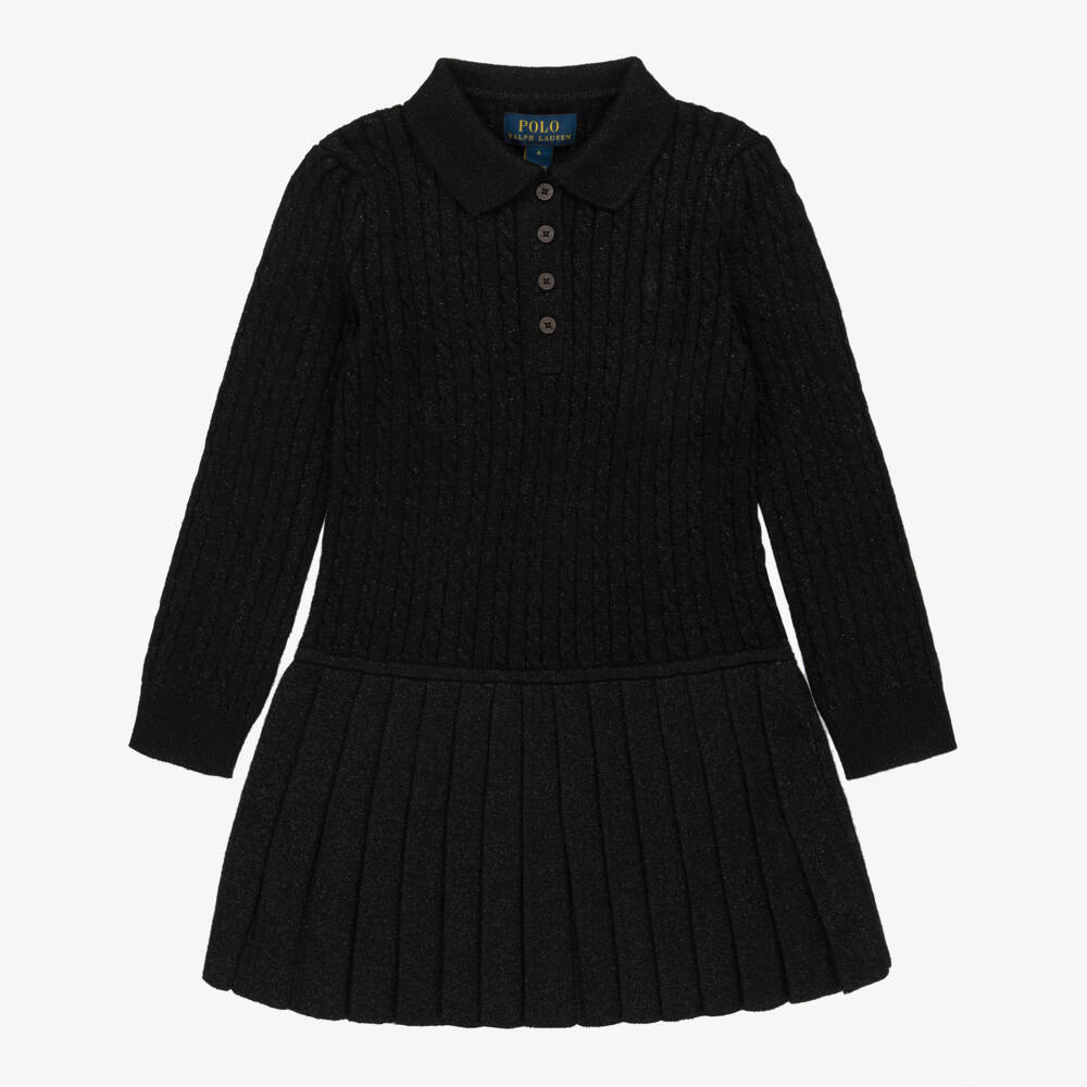 Ralph Lauren-Girls Shimmery Black Cable Knit Cotton Dress | Childrensalon