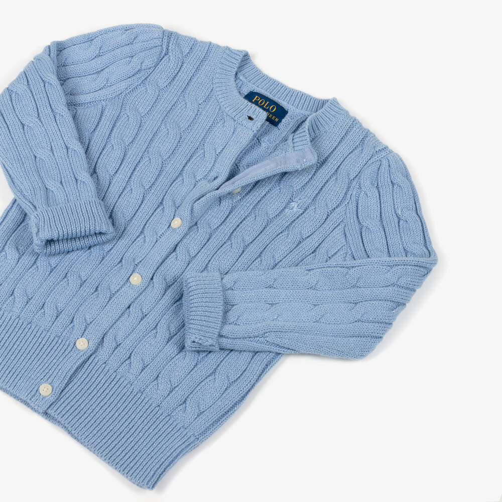 Ralph Lauren-Girls Sparkly Blue Cotton Cable Knit Cardigan | Childrensalon