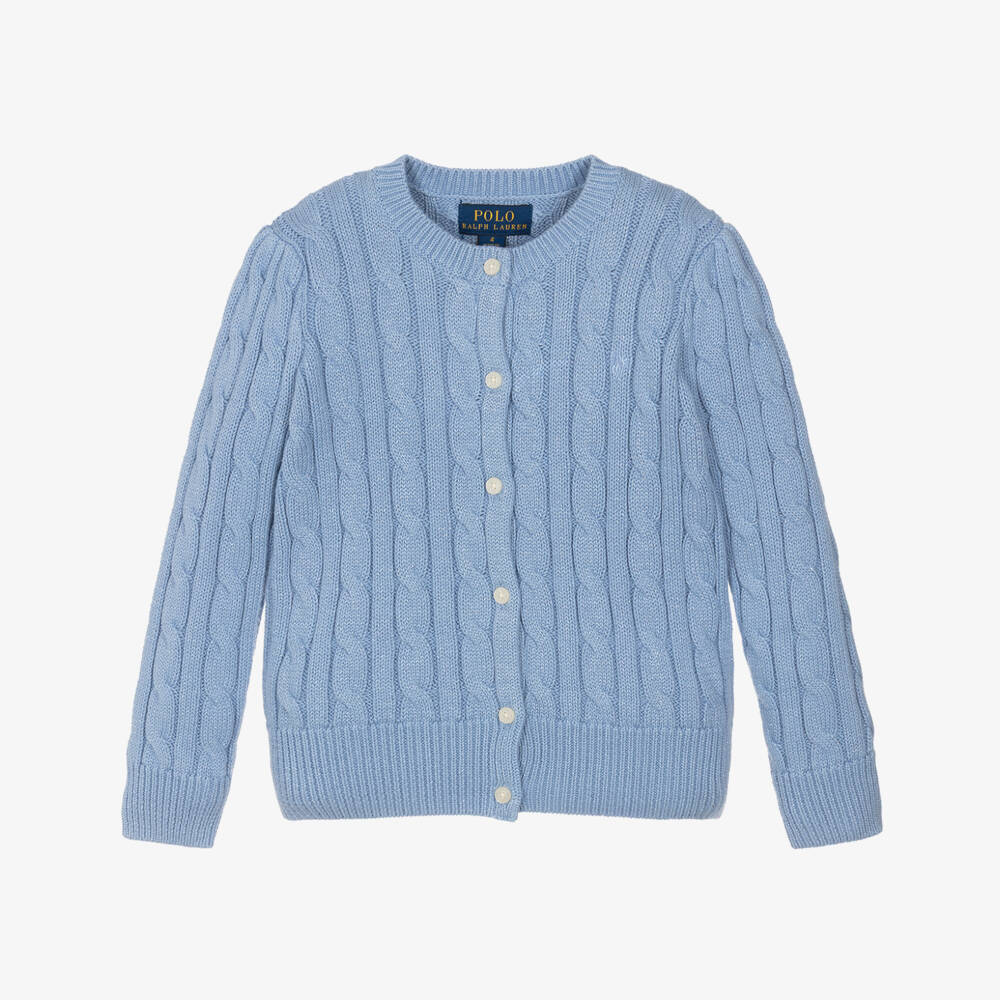 Ralph Lauren-Girls Sparkly Blue Cotton Cable Knit Cardigan | Childrensalon