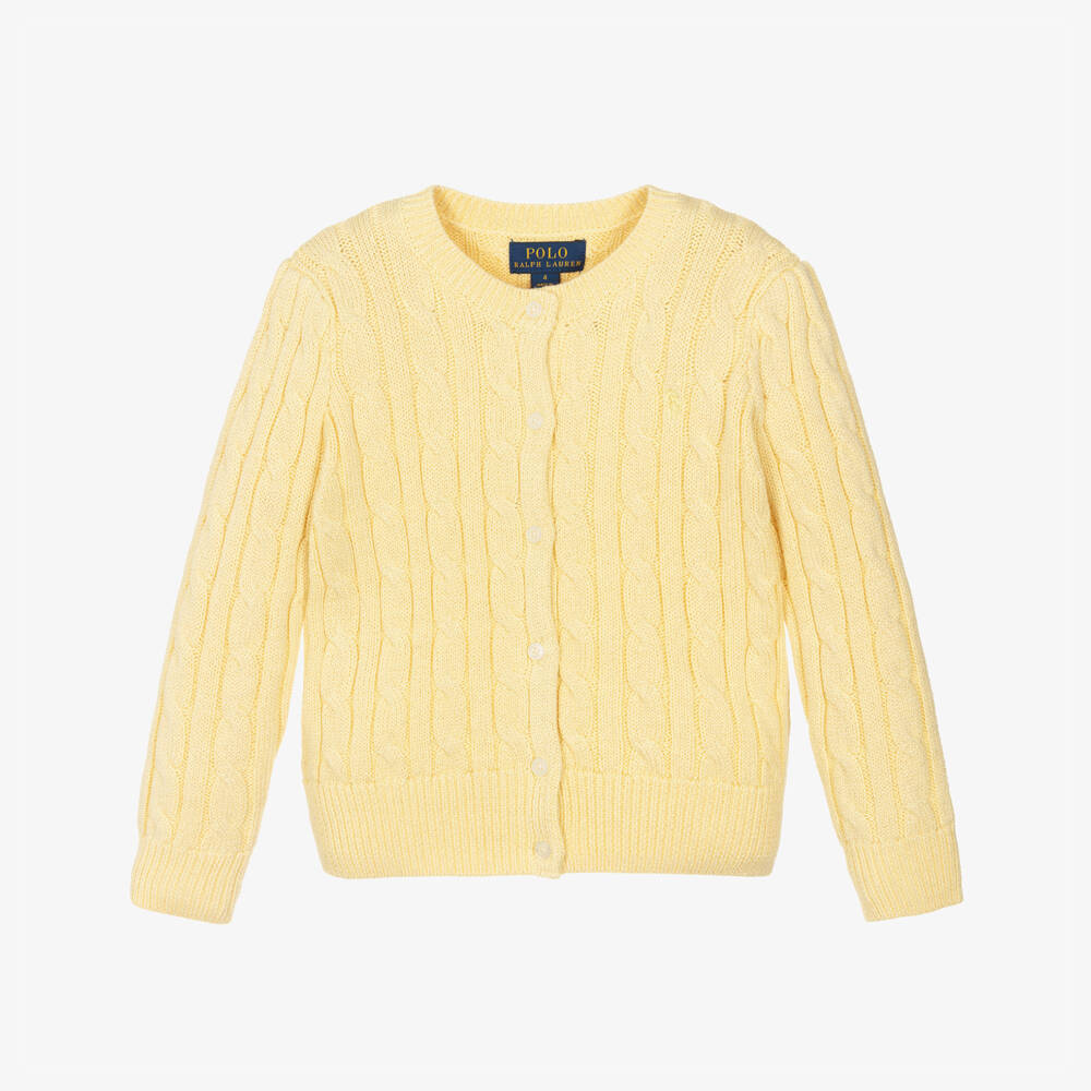 Ralph Lauren-Girls Sparkly Yellow Cotton Cable Knit Cardigan | Childrensalon