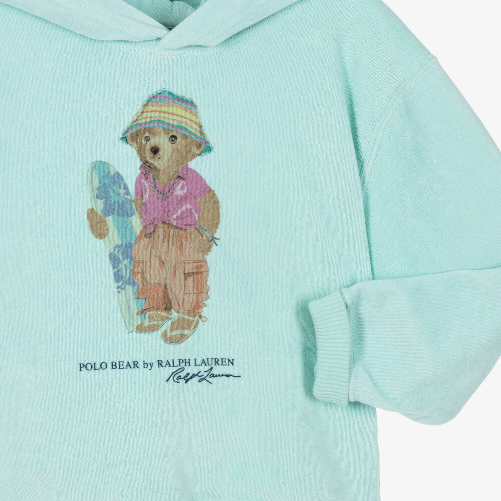 Ralph Lauren-Girls Turquoise Blue Polo Bear Towelling Hoodie | Childrensalon