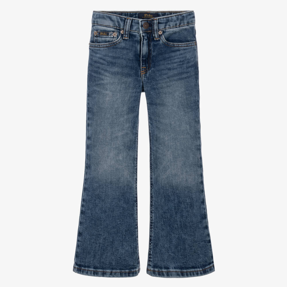 Ralph Lauren-Girls Washed Blue Denim Flared Jeans | Childrensalon