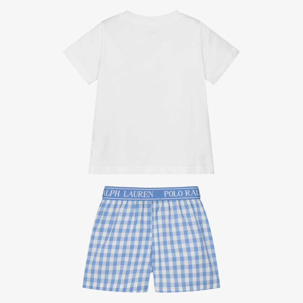 Ralph Lauren-Girls White & Blue Cotton Polo Bear Short Pyjamas | Childrensalon
