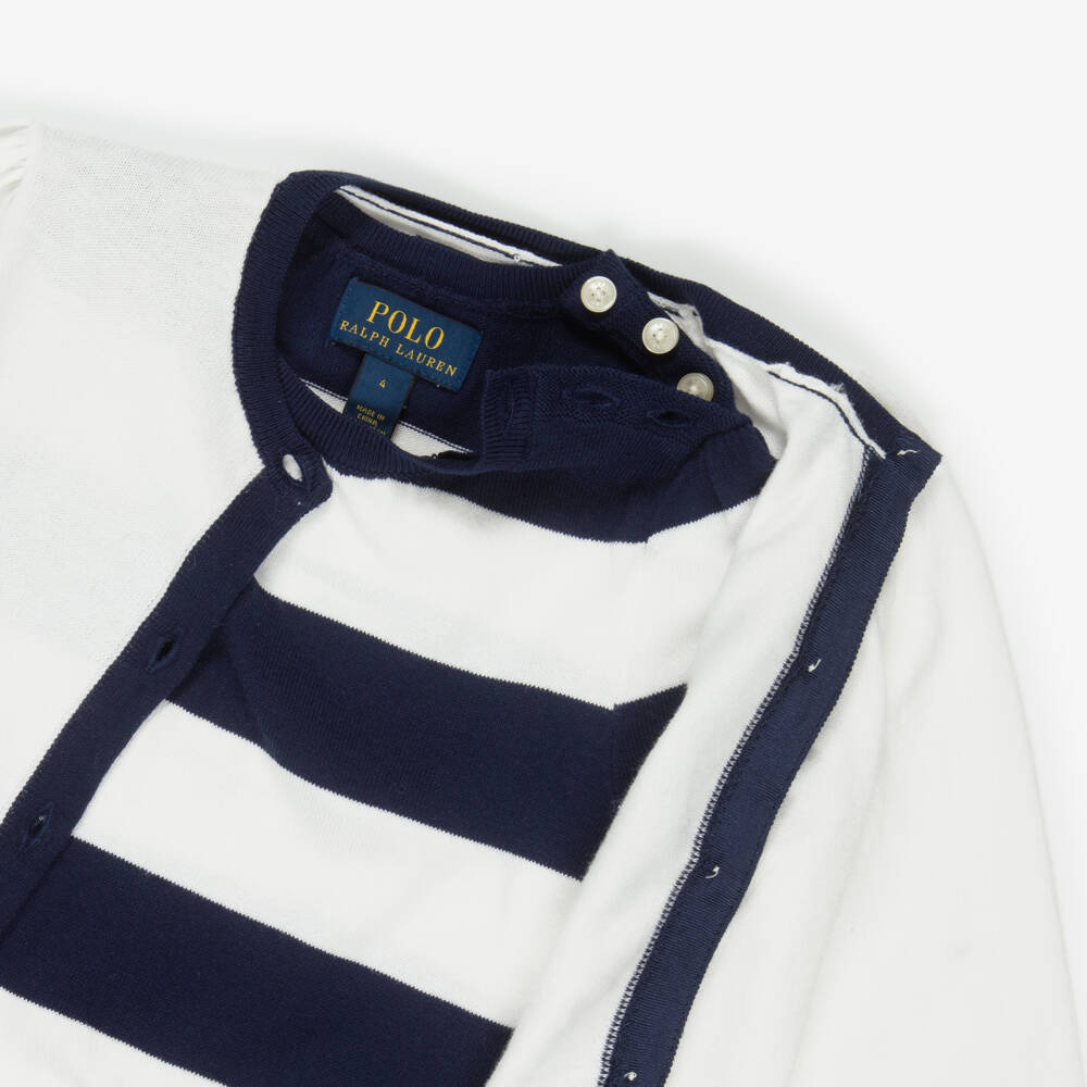 Ralph Lauren-Girls White & Blue Striped Cotton Knit Cardigan & Sweater | Childrensalon