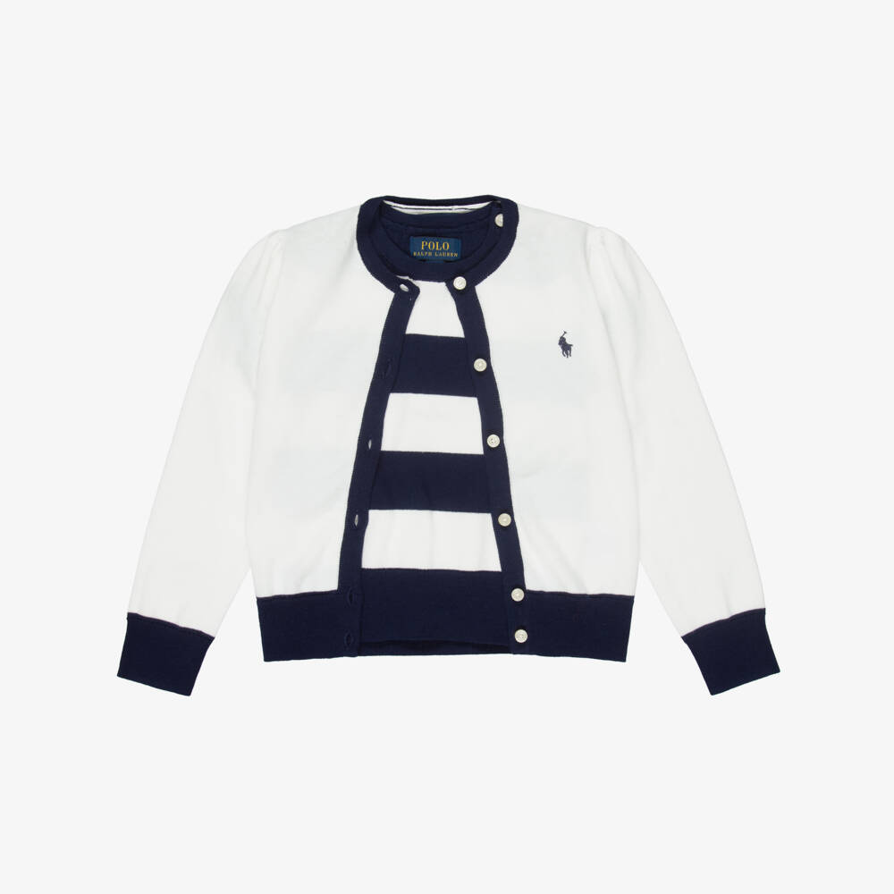 Ralph Lauren-Girls White & Blue Striped Cotton Knit Cardigan & Sweater | Childrensalon
