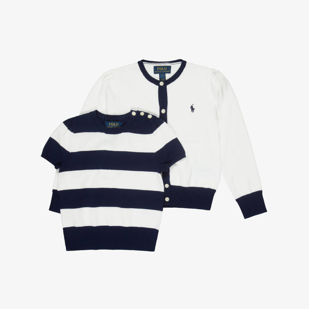 Ralph Lauren-Girls White & Blue Striped Cotton Knit Cardigan & Sweater | Childrensalon