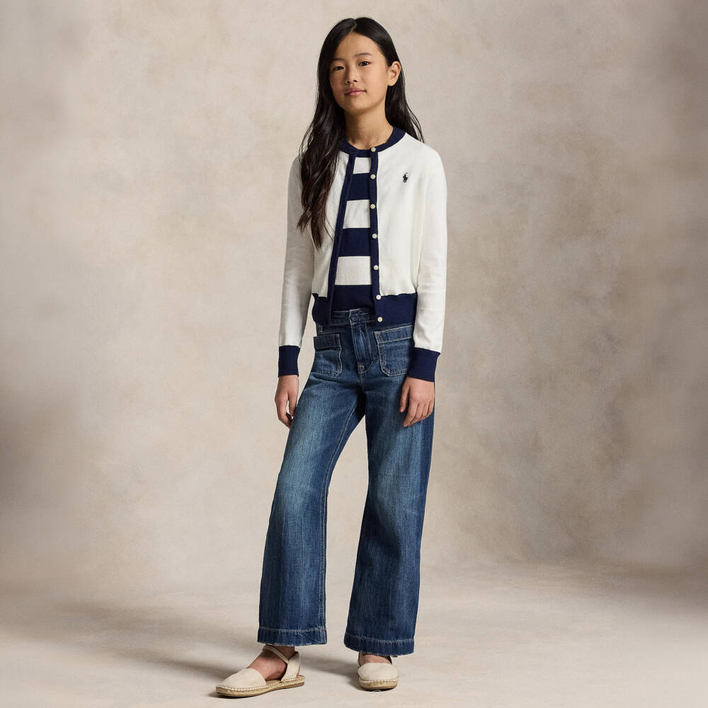 Ralph Lauren-Girls White & Blue Striped Cotton Knit Cardigan & Sweater | Childrensalon