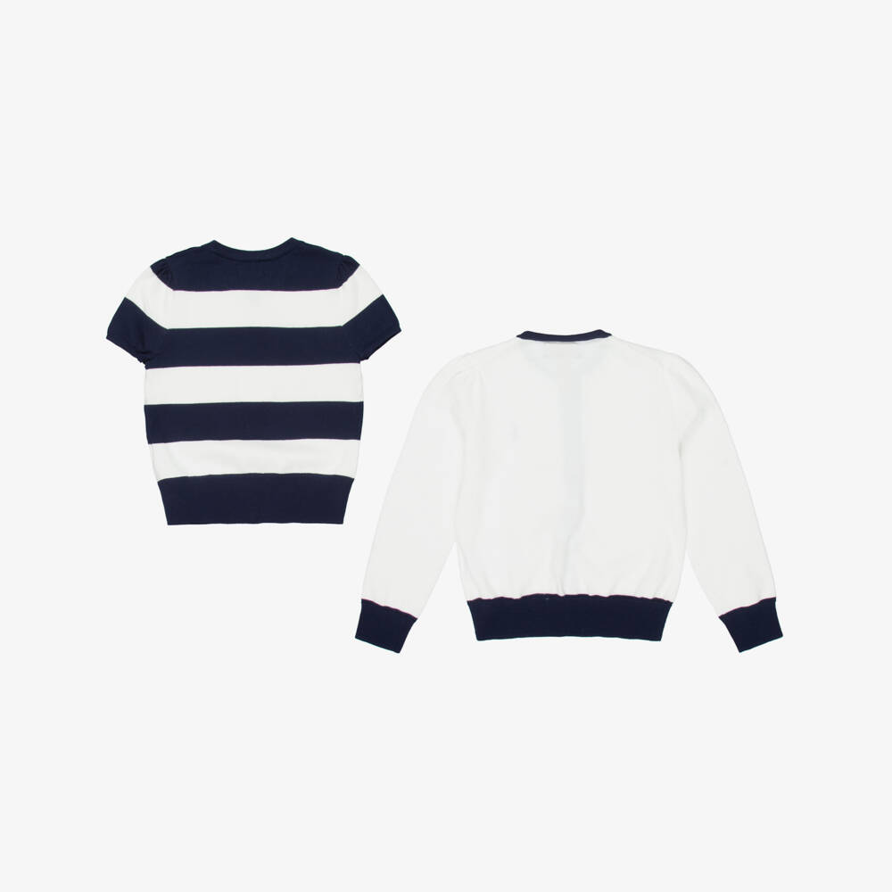 Ralph Lauren-Girls White & Blue Striped Cotton Knit Cardigan & Sweater | Childrensalon