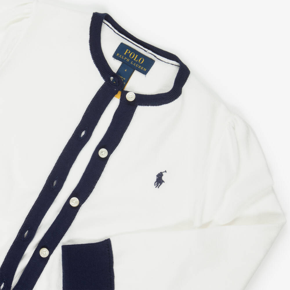 Ralph Lauren-Girls White & Blue Striped Cotton Knit Cardigan & Sweater | Childrensalon