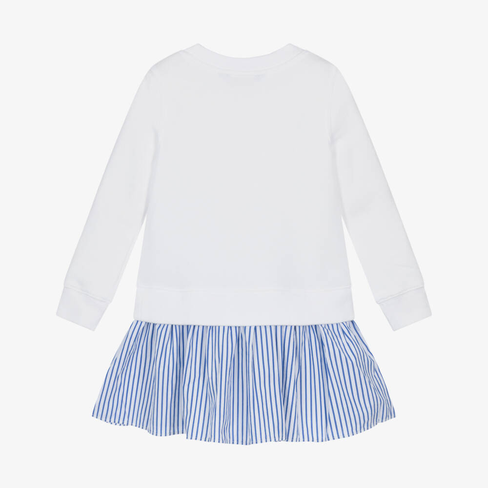 Ralph Lauren-Girls White & Blue Striped Dress with Polo Bear Logo | Childrensalon