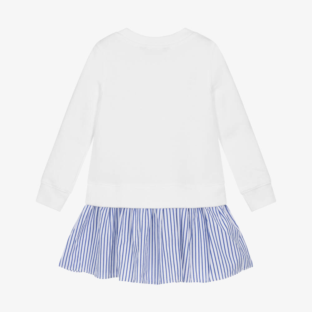 Ralph Lauren-Girls White & Blue Striped Dress with Polo Bear Logo | Childrensalon