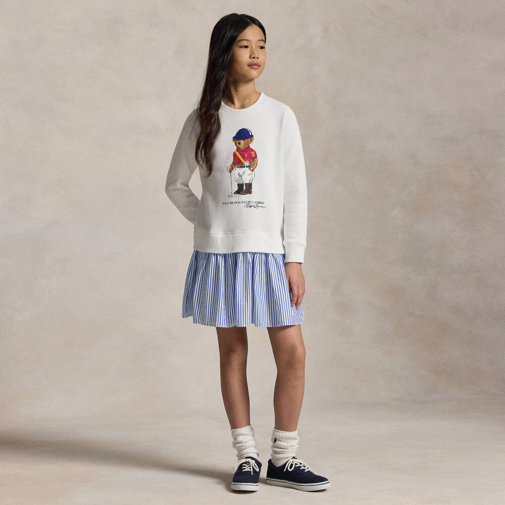 Ralph Lauren-Girls White & Blue Striped Dress with Polo Bear Logo | Childrensalon