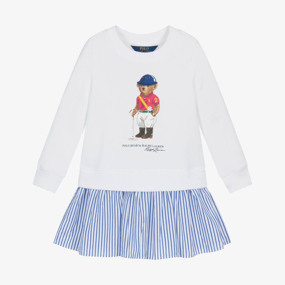 Ralph Lauren-Girls White & Blue Striped Dress with Polo Bear Logo | Childrensalon