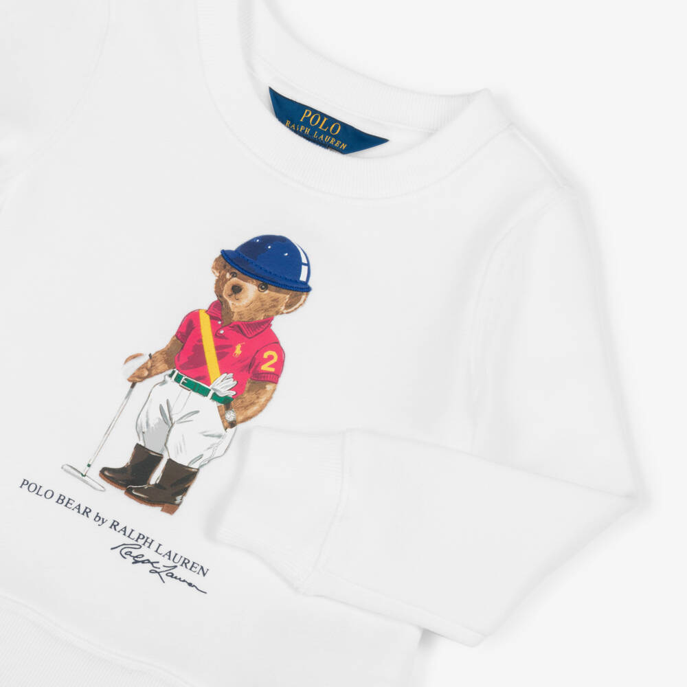 Ralph Lauren-Girls White & Blue Striped Dress with Polo Bear Logo | Childrensalon