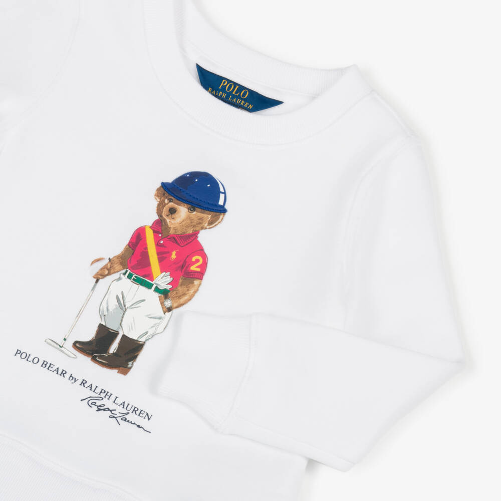 Ralph Lauren-Girls White & Blue Striped Dress with Polo Bear Logo | Childrensalon