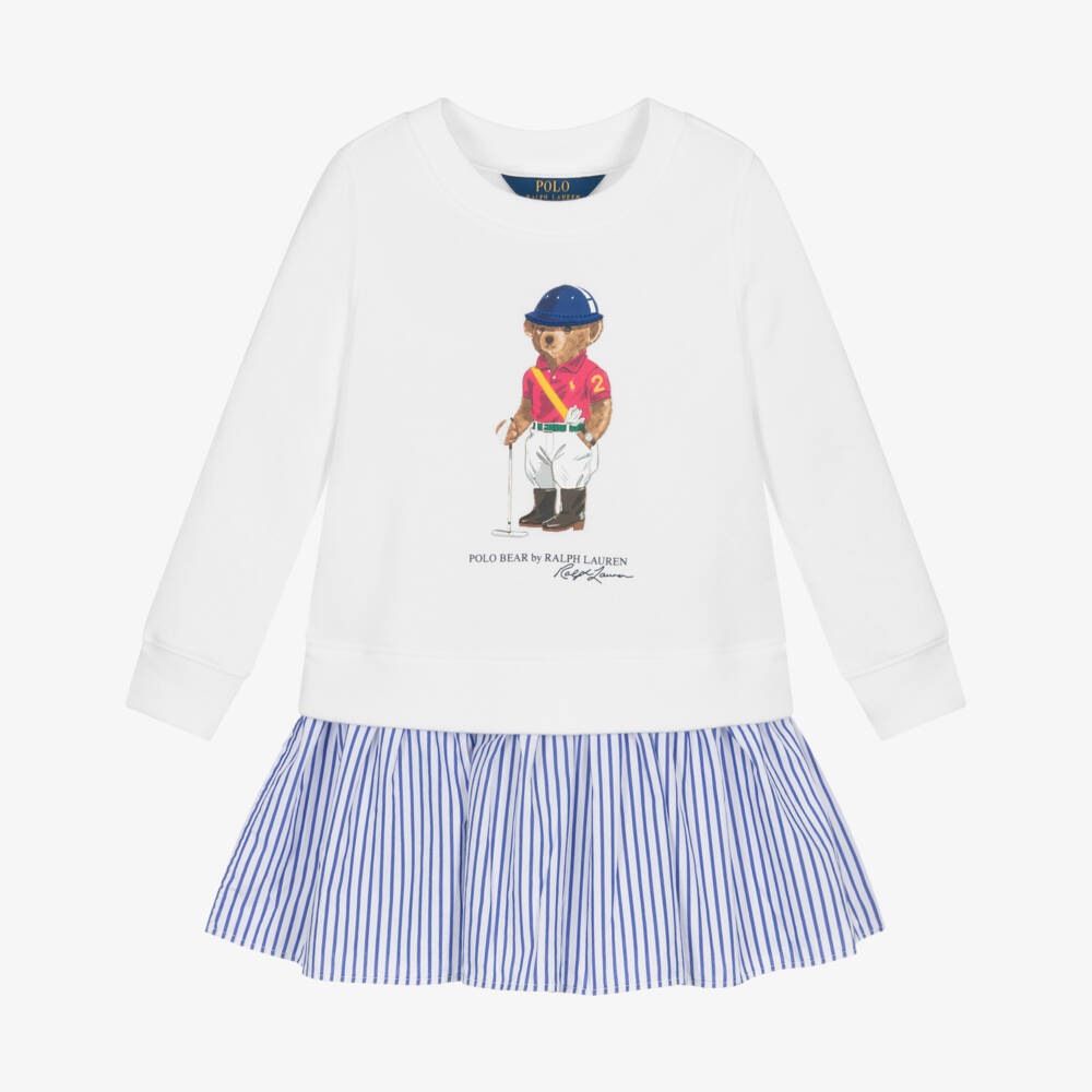Ralph Lauren-Girls White & Blue Striped Dress with Polo Bear Logo | Childrensalon