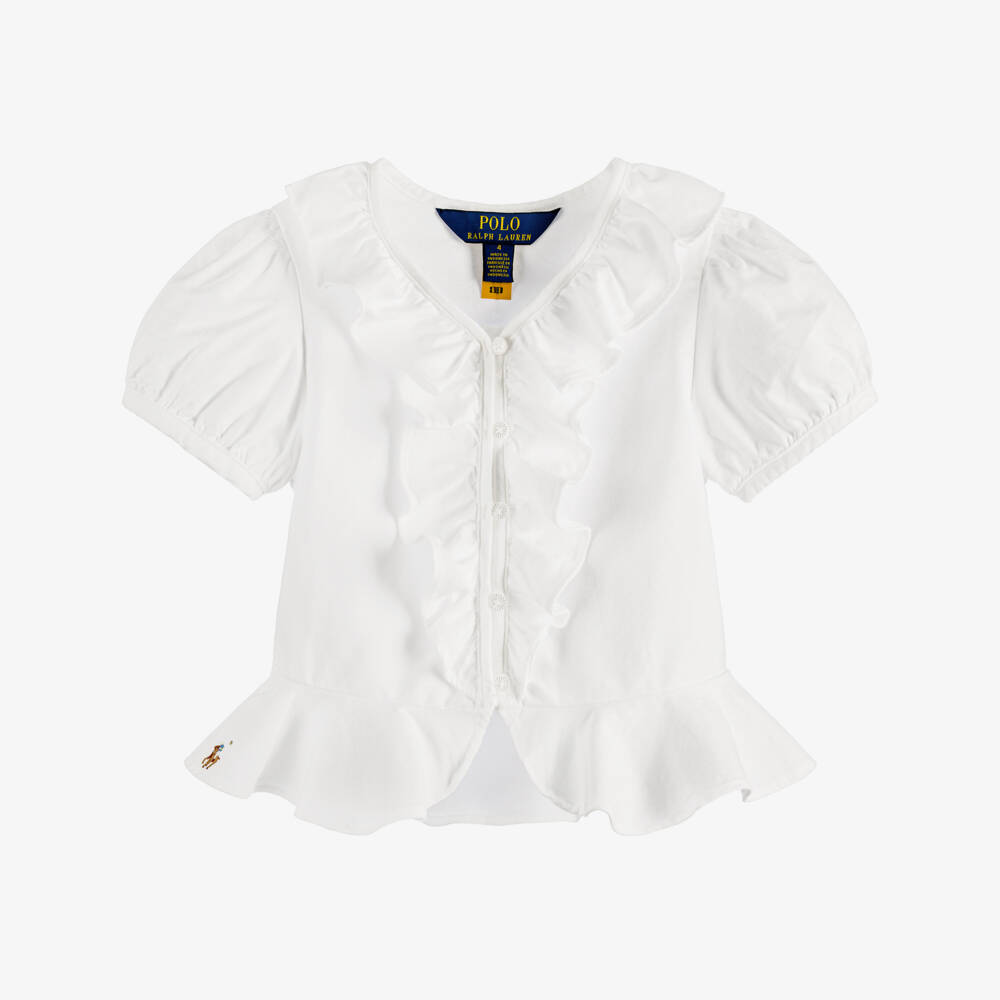 Ralph Lauren-Girls White Cotton Blouse with Ruffles | Childrensalon